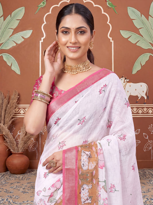 Off-White Pichwai Shrinathji Printed Cotton Linen Saree