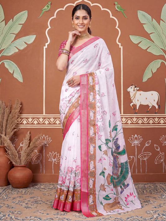 Off-White Pichwai Shrinathji Printed Cotton Linen Saree