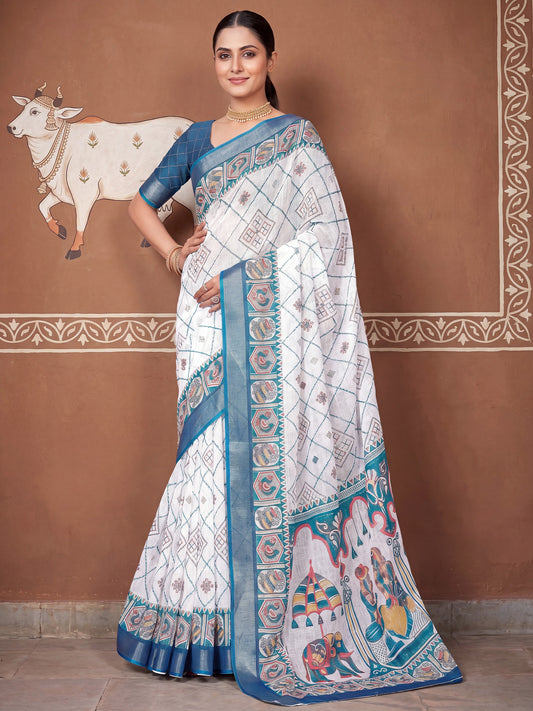 Off-White Kalamkari Printed Cotton Linen Saree