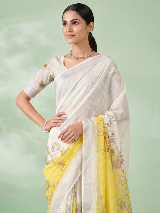 Off-White & Lemon Yellow Floral Digital Printed Cotton Linen Saree