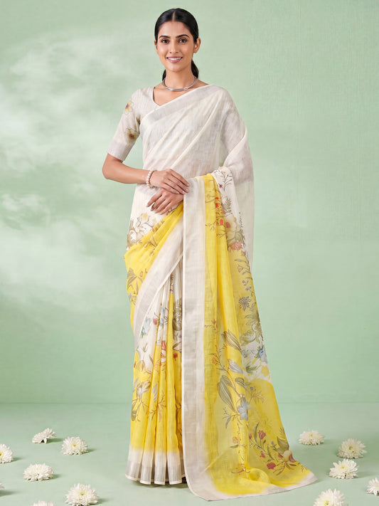 Off-White & Lemon Yellow Floral Digital Printed Cotton Linen Saree