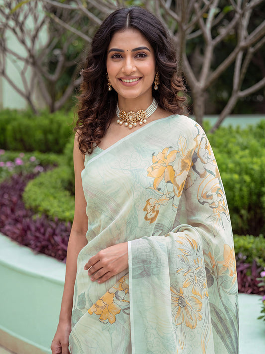 Mint Green Cotton Silk Printed Casual Saree