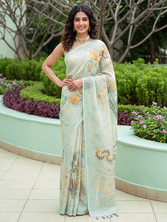 Mint Green Cotton Silk Printed Casual Saree