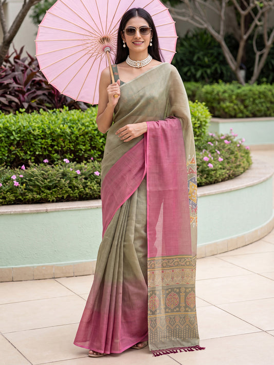 Rose Pink & Sage Grey Cotton Silk Jacquard Woven Traditional Border & Pallu