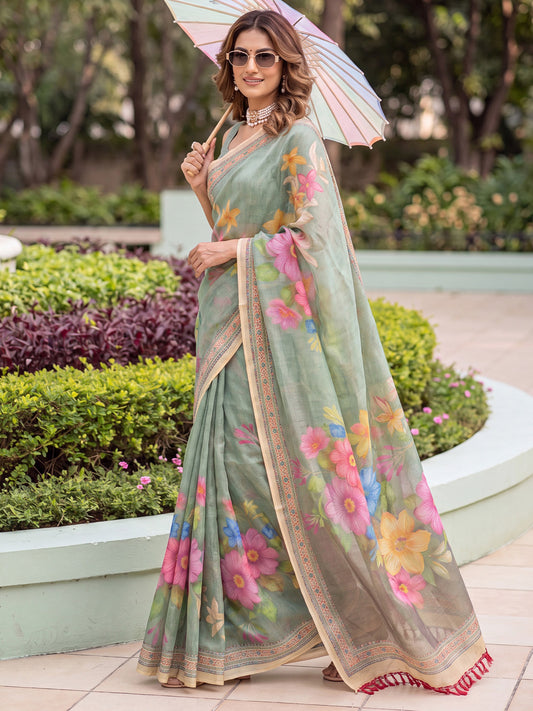 Sage Green Floral Printed Saree Digital Print