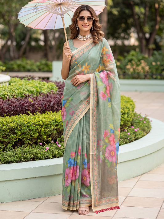 Sage Green Floral Printed Saree Digital Print