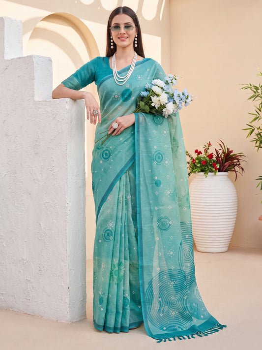 Teal Blue Linen Blend Casual Wear Printed Saree