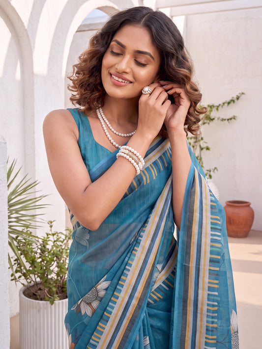Teal Blue Cotton Silk Casual Printed Saree Digital Floral Print