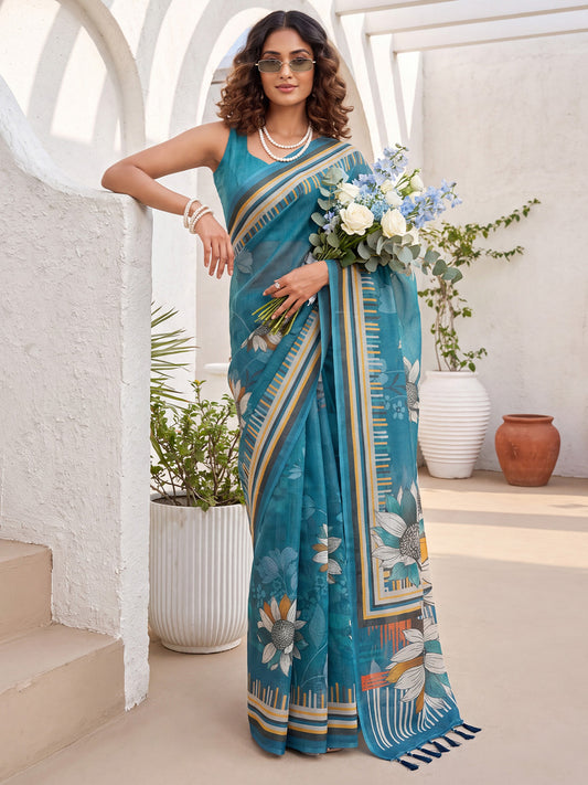 Teal Blue Cotton Silk Casual Printed Saree Digital Floral Print