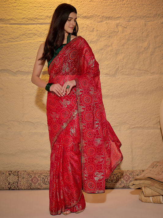 Red Georgette Saree with Bandhani Digital Print