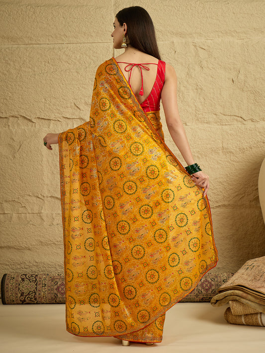 Yellow Georgette Saree with Bandhani Digital Print