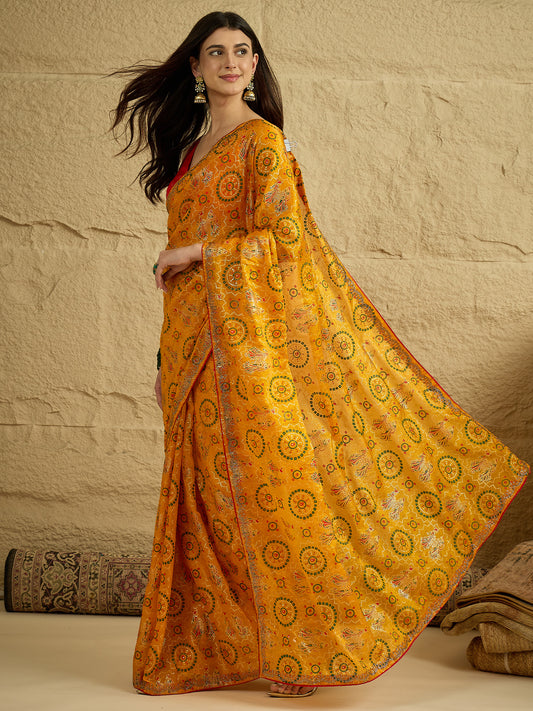 Yellow Georgette Saree with Bandhani Digital Print