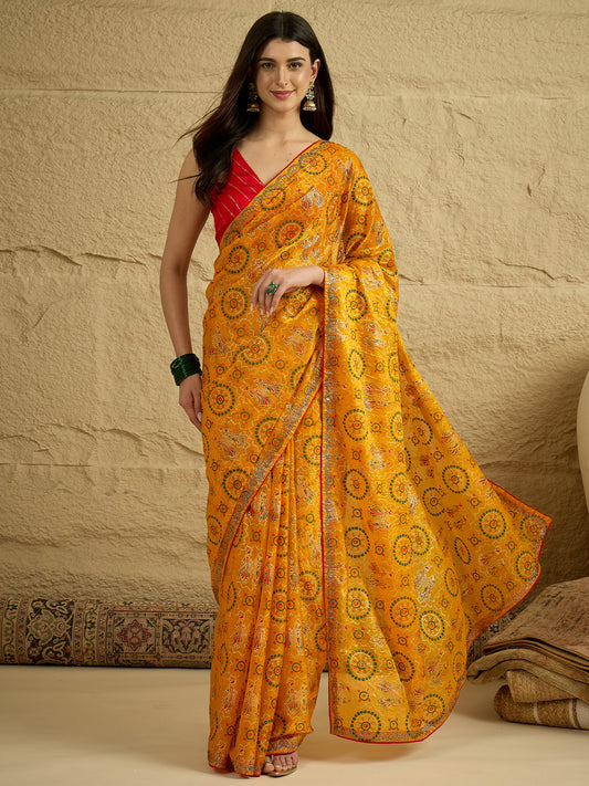 Yellow Georgette Saree with Bandhani Digital Print