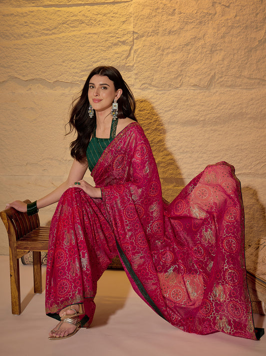 Magenta Georgette Saree with Bandhani Digital Print