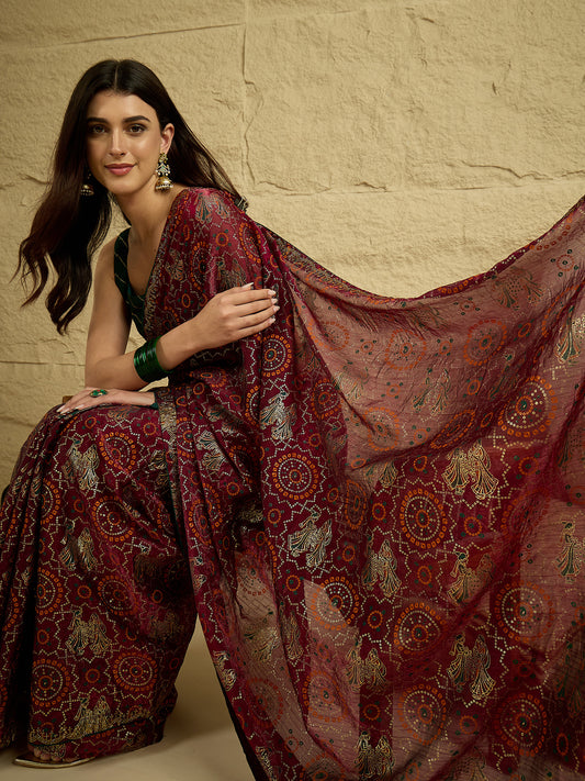 Wine Georgette Saree with Bandhani Digital Print