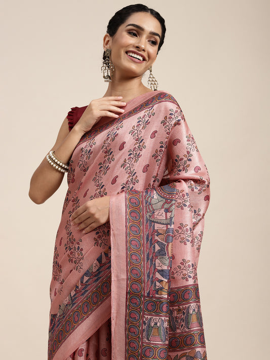 Dusty Pink Madhubani Print Silk Saree