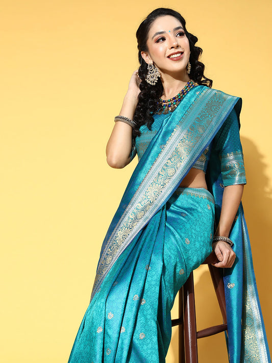 Teal Blue Banarasi Silk With Zari Woven Saree