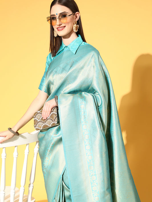 Sea Green Jari Woven Kanjivaram Saree