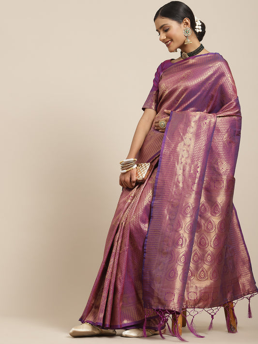 Wine Jari Woven Banarasi Silk Saree