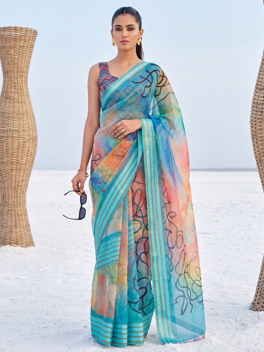 Multicolor Watercolor Abstract Printed Organza Silk Saree