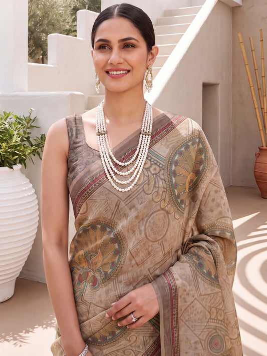 Beige Linen Saree Digital Print Kalamkari Motif with Tassel Pallu