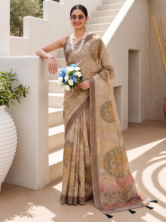 Beige Linen Saree Digital Print Kalamkari Motif with Tassel Pallu