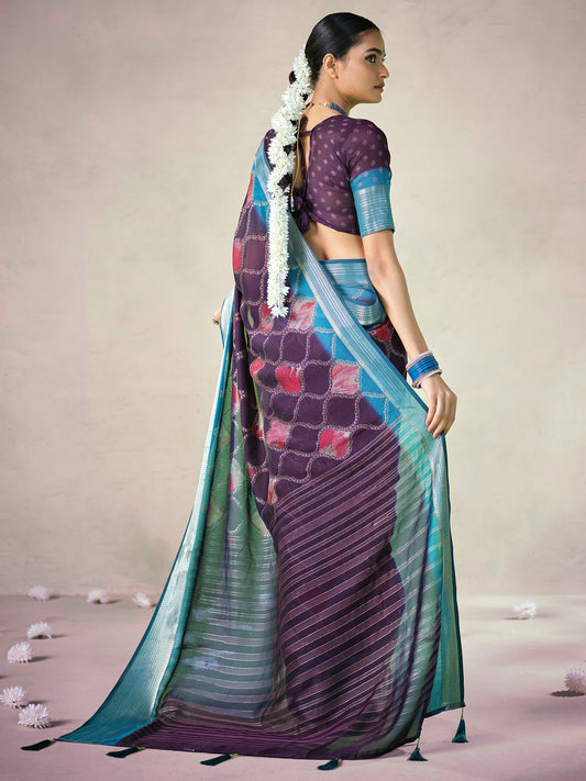 Purple Organza Silk Saree with Teal Zari Border |