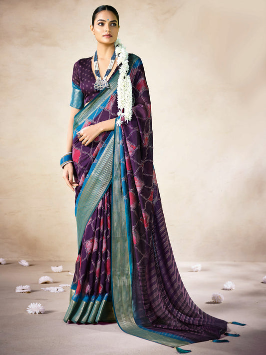 Purple Organza Silk Saree with Teal Zari Border |