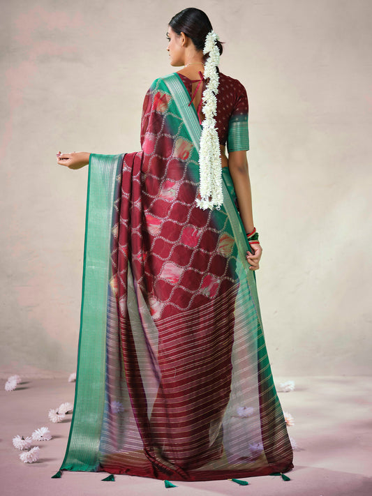 Maroon & Teal Organza Silk Saree |