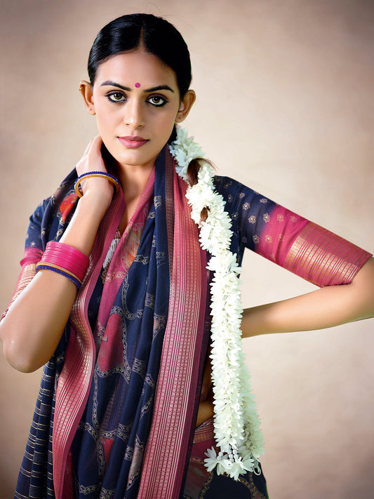 Navy Blue Floral Print Georgette Saree with Pink Zari Border