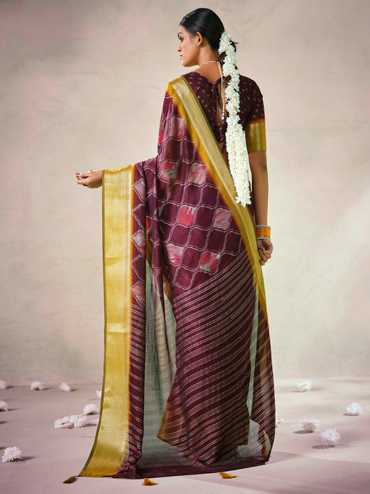 Plum Organza Saree with Gold Zari Border –