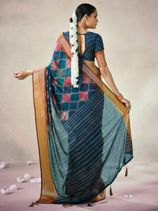 Teal Printed Georgette Saree with Zari Border & Blouse