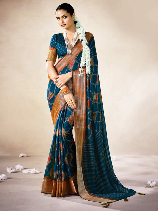 Teal Printed Georgette Saree with Zari Border & Blouse