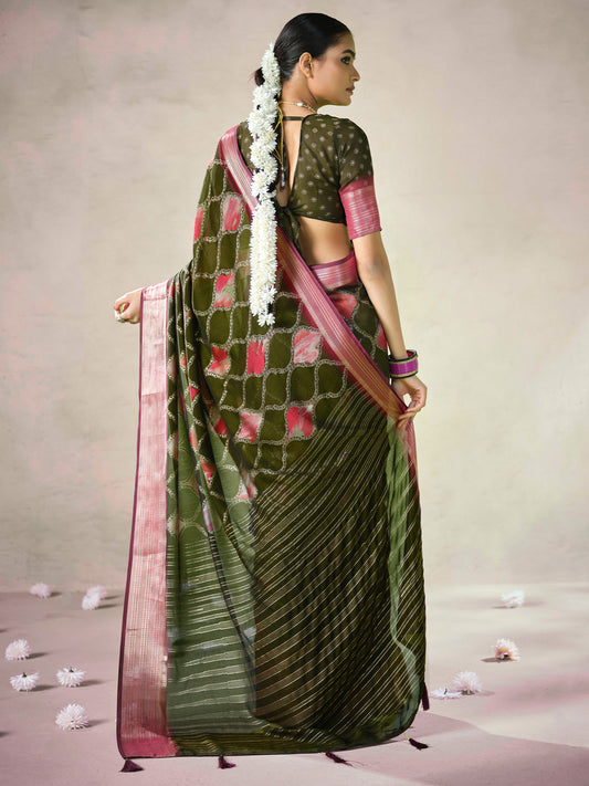 Olive Green Organza Saree with Pink Zari Border