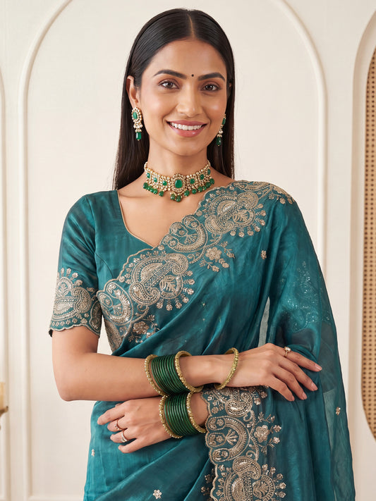 Teal Blue Embroidered Satin Silk Saree
