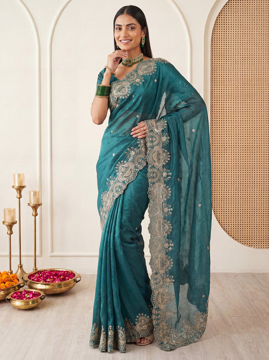 Teal Blue Embroidered Satin Silk Saree