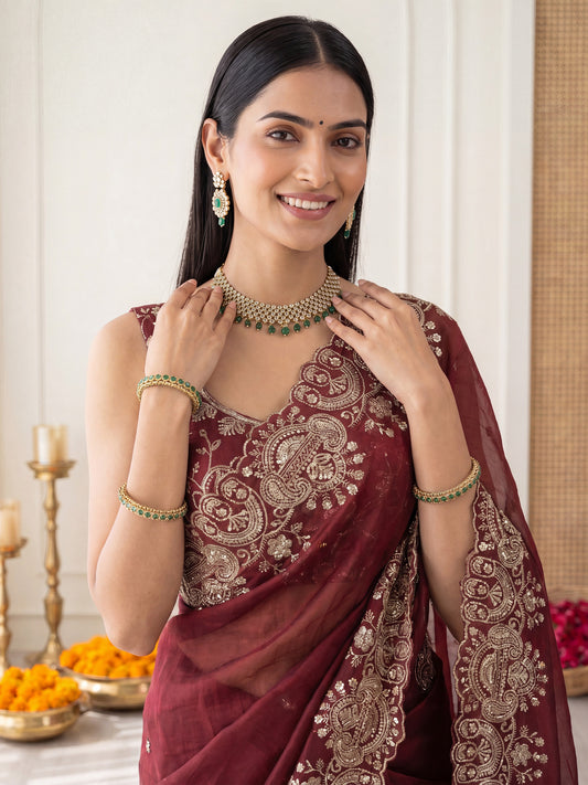 Wine Maroon Embroidered Satin Silk Saree