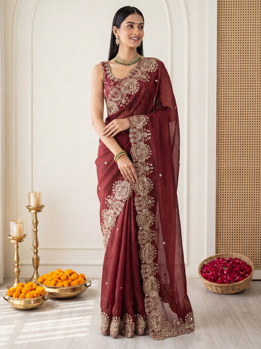 Wine Maroon Embroidered Satin Silk Saree