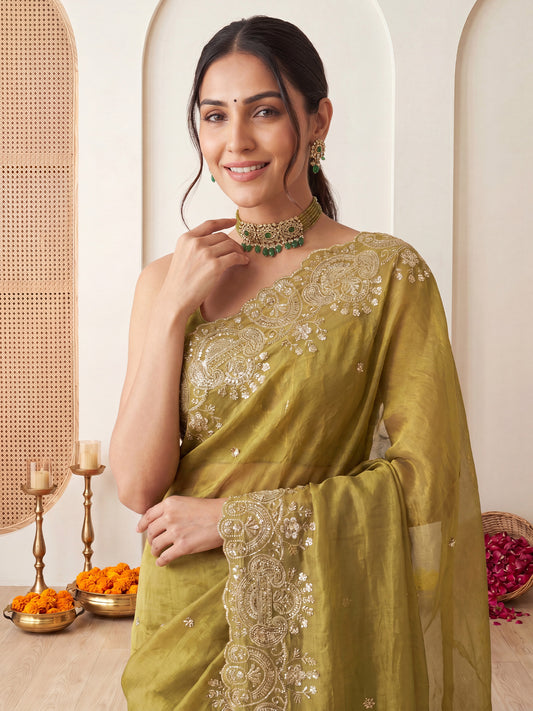 Olive Green Embroidered Satin Silk Saree
