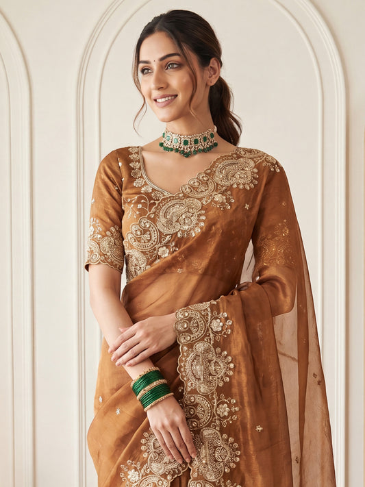 Metallic Bronze Embroidered Satin Silk Saree