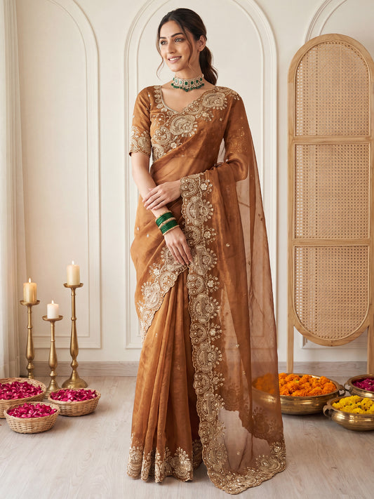 Metallic Bronze Embroidered Satin Silk Saree