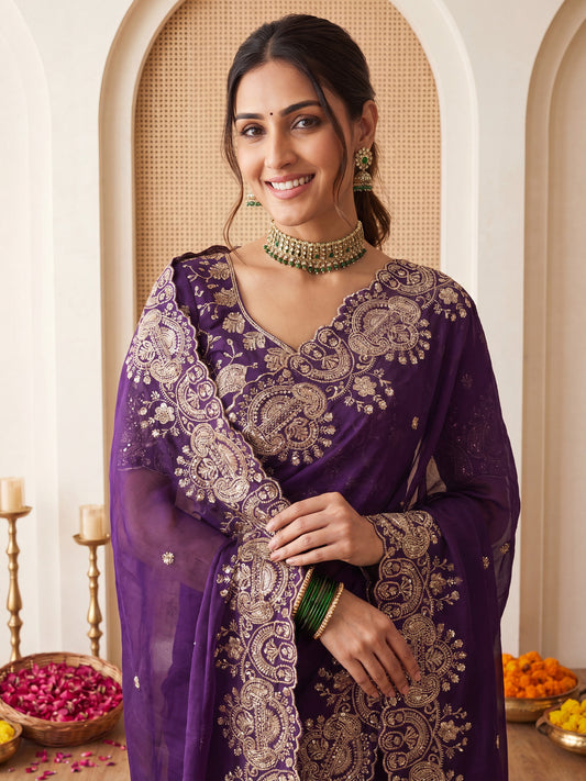Deep Purple Embroidered Satin Silk Saree