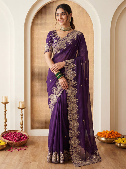 Deep Purple Embroidered Satin Silk Saree