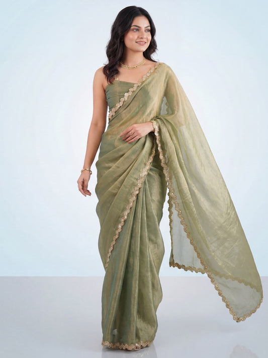 Olive Green Tissue Silk Gota Patti Scalloped Border