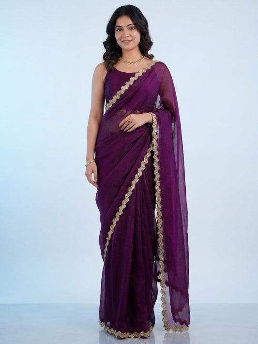 Wine Purple Tissue Silk Gota Patti Scalloped Border Saree