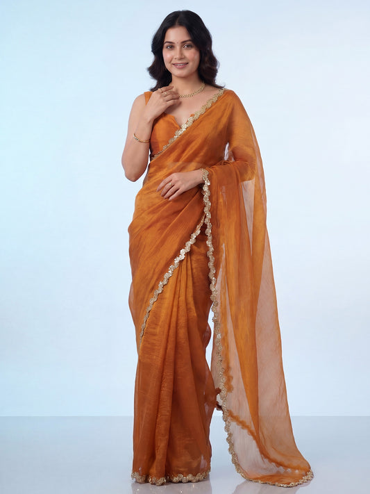 Mustard Yellow Chiffon Gota Patti Scalloped Border
