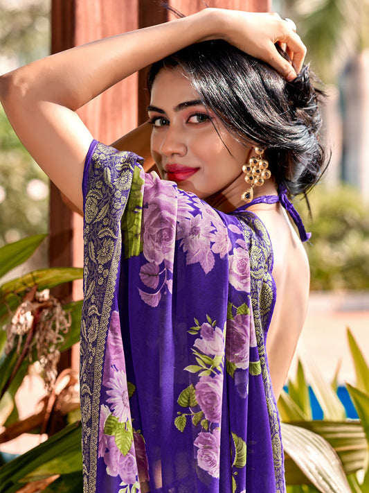 Purple Chiffon Saree with Floral Prints