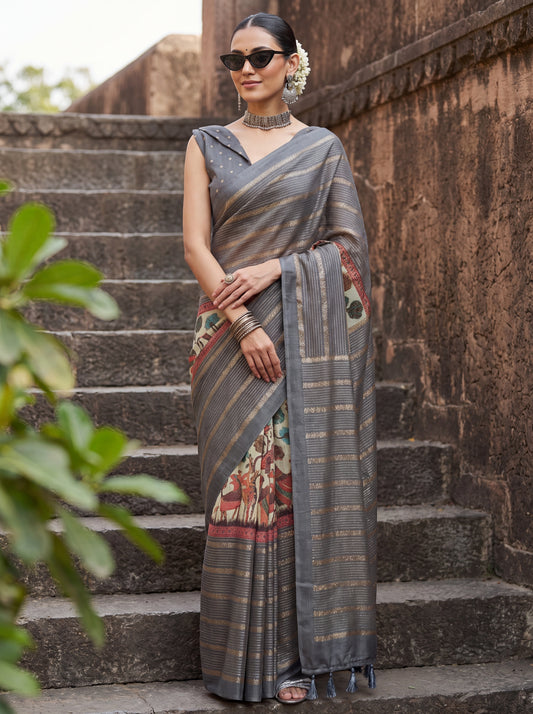 Shreya Grey Kalamkari Kota Doria Cotton Saree with Solid Border & Grey Blouse Piece