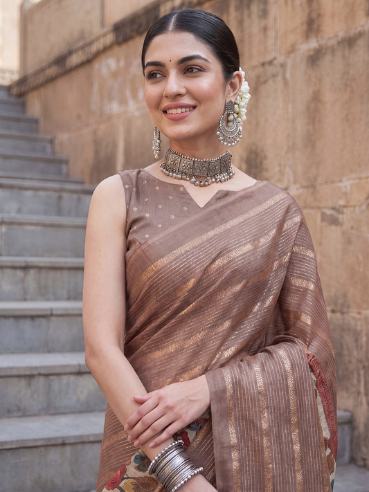 Brown Kota Doria Cotton Floral Printed Pallu & Zari Border