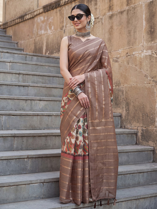 Brown Kota Doria Cotton Floral Printed Pallu & Zari Border